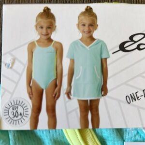 Eddie Bauer Kids One-Piece Turquoise /White/ Yellow Swimsuit Plus Cover Up Nwt